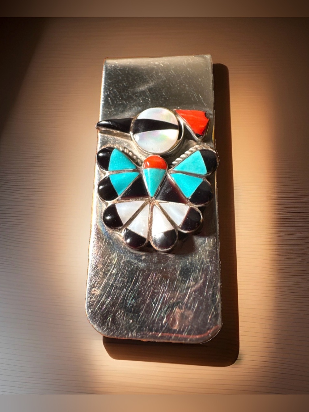 VTG Native American Sterling Silver MOP Turquoise Peyote Water Bird Money Clip
